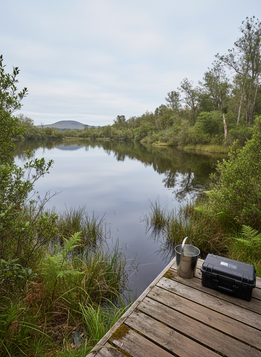 A serene, wide photographic scene of a calm freshwater lagoon bordered by lush, native riparian vegetation, with emergent grasses and reeds gently breaking the mirror-like surface of the water. In the foreground, a simple, weathered wooden sampling platform extends partially into the lagoon, supporting a neatly placed, stainless-steel sampling bucket and a closed waterproof equipment case. Soft overcast light creates an even, diffused illumination, enhancing subtle greens and earthy tones while avoiding harsh contrasts. Captured from a slightly elevated angle using the rule of thirds, with crisp focus across the entire frame, the image conveys ecological balance, careful monitoring, and respect for natural systems. The mood is contemplative, professional, and environmentally conscious, with a clean, photographic realism style ideally suited for sections about fieldwork, monitoring, and impact assessment.